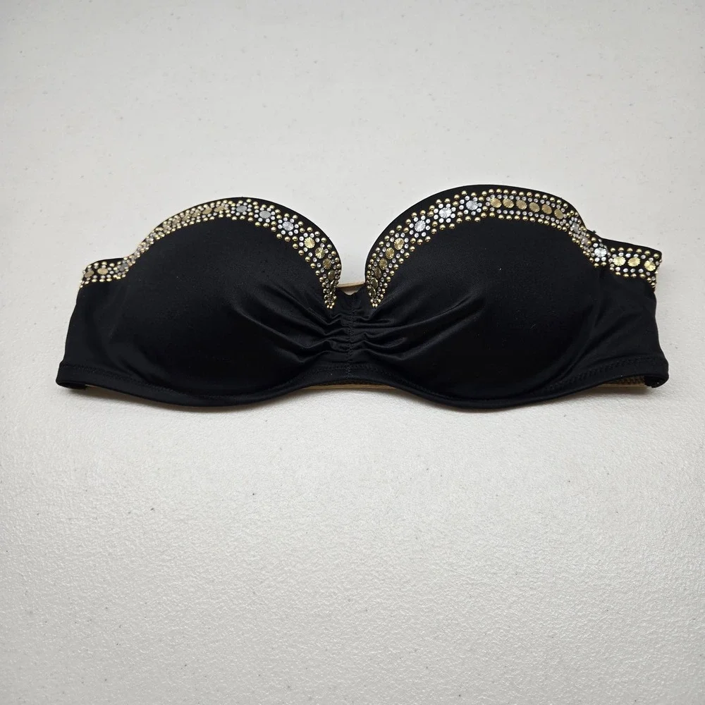 Victoria's Secret Women Swimwear 34B Black Strapless Underwired Rhinestone READ
